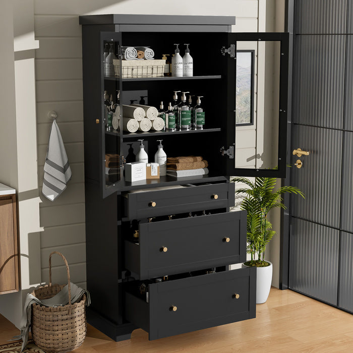 Freestanding Tall Bathroom Cabinet With Adjustable Shelves, Drawers, Soft Close Glass Doors
