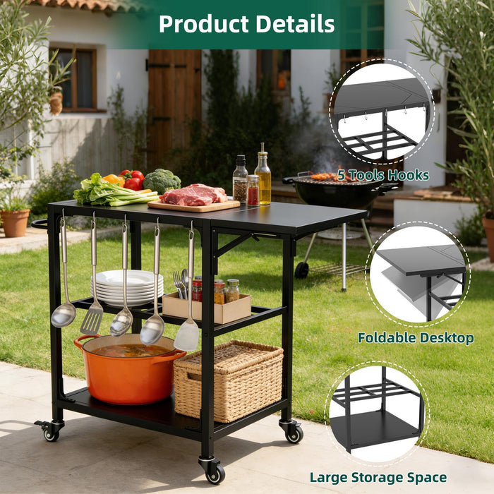 Outdoor Grill Table, Prep Cart With Wheels, Storage Shelf And Hooks - Black