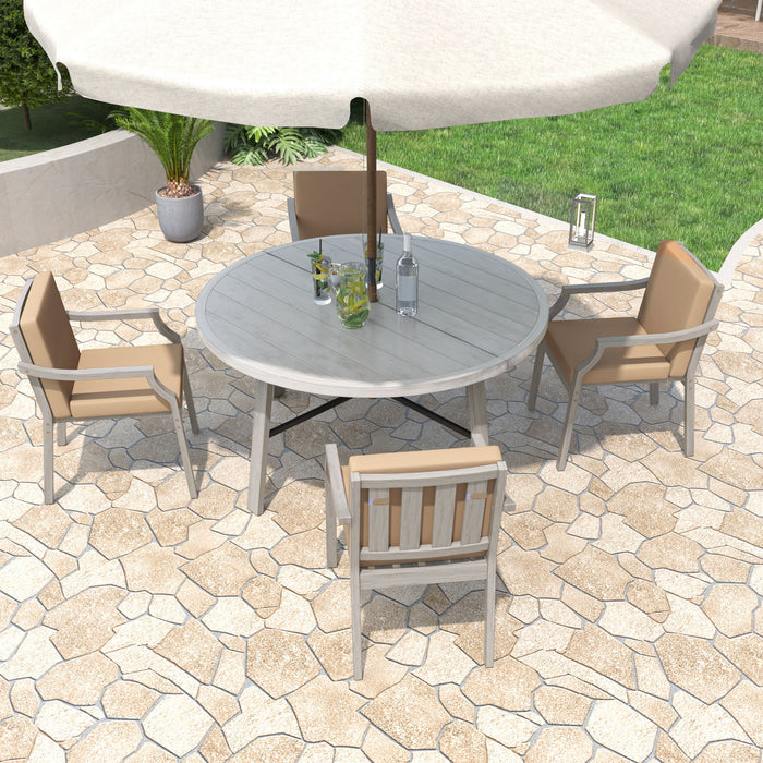 Outdoor Wooden Dinning Set With An Umbrella Hole And Removable Cushions For Patio