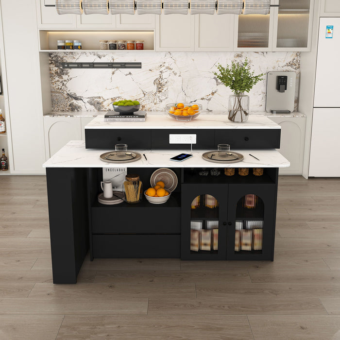 Retro Kitchen Island Set With Chairs, Extendable & Rotating Table, 4 Drawers & Door Cabinets