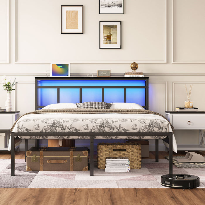Bed Frame With Storage Headboard With USB C, Type C And LED Light