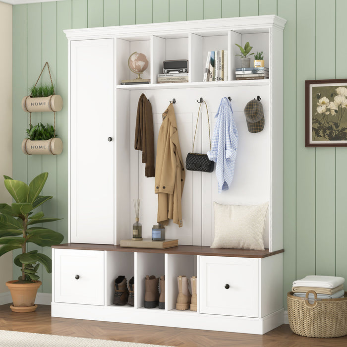 Hall Tree With Shoe Storage Bench, Entryway Coat Rack With 5 Hooks