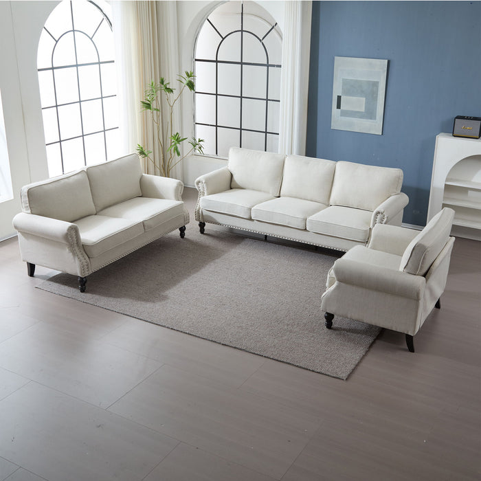 Rolled Arm Sofa With Nailhead Trim With Wooden Legs