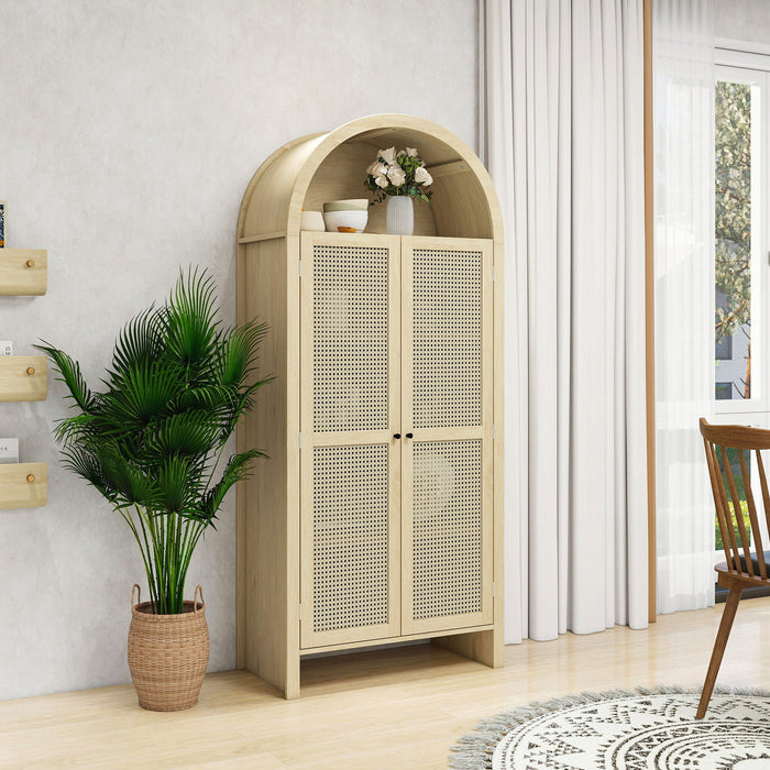 Tall Arched Kitchen Pantry, Arched Storage Display Cabinet With 2 Drawers & Adjustable Shelves, Rattan Door Versatile Storage Cabinet For Kitchen, Dining Room - Natural