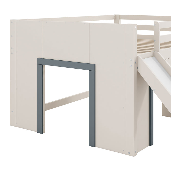 Modern Low Loft Bed With Slide, 3 Storage Drawers, And 2 Doors
