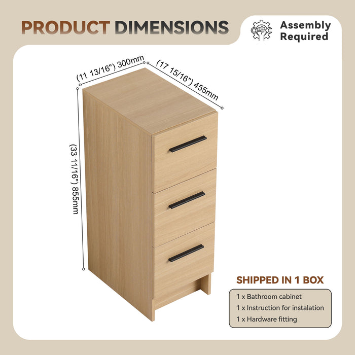 Slim Freestanding Bathroom Storage Cabinet, 3 Drawers - Light Oak
