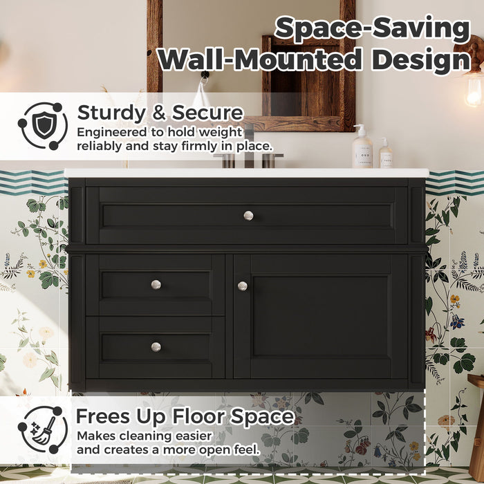 Modern Wall Mounted Floating Cabinet With Double Drawer And Sink