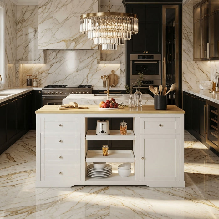 Drop Leaf Kitchen Island With Storage, Power Outlet & Pet Bowl Drawer - White / Light Oak
