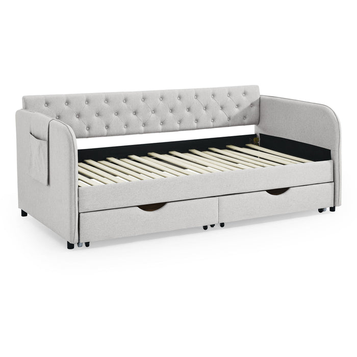 Daybed With Trundle And Storage Drawers, Flat Arms With Pocket