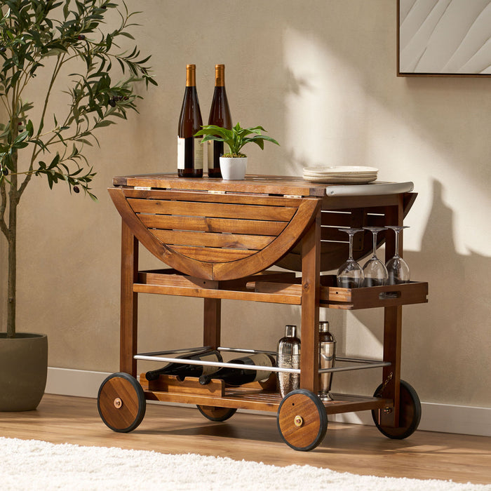 Wood And Aluminum Bar Cart With 2 Shelves - Oak / Silver