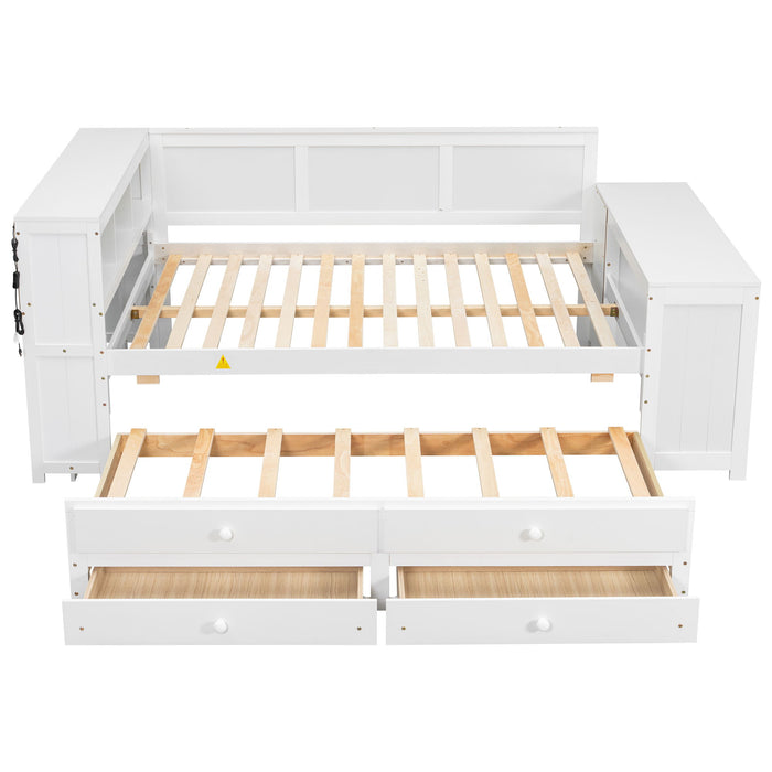 Daybed With Storage Shelves, Drawers, Trundle, Charging Station, LED Light, Desk And Cabinet