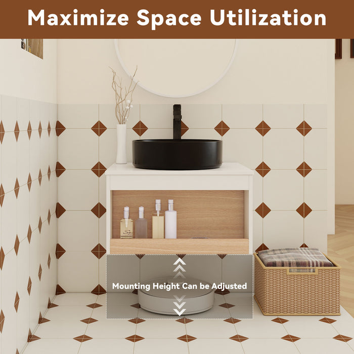 Floating Bathroom Vanity With Glossy Round Vessel Sink