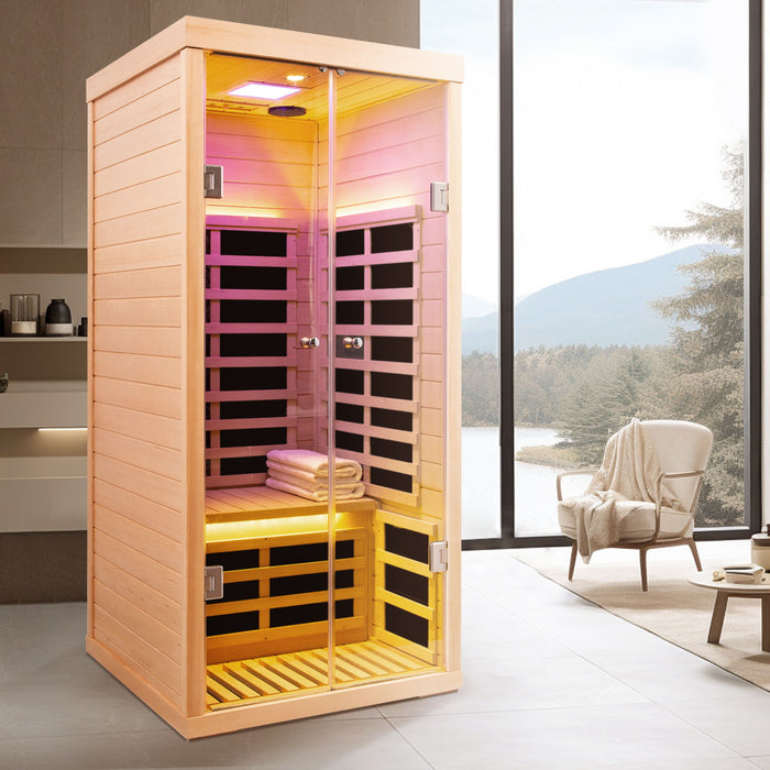 Low EMF, Wide Space Hemlock Double Doors Great Glass Luxury Indoor Far Infrared Sauna Room