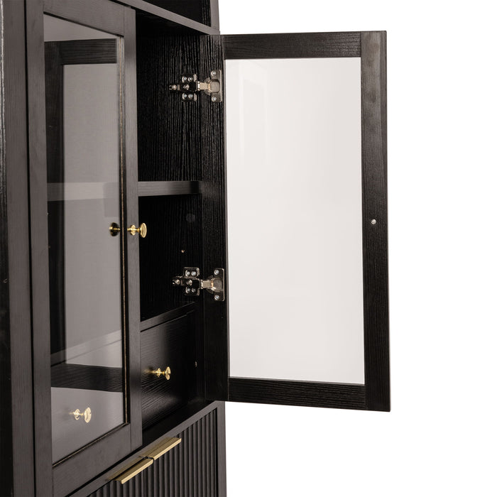Fluted Tall Arched Pantry Cabinet With Adjustable Shelves, Glass Door & Hidden Drawer For Kitchen