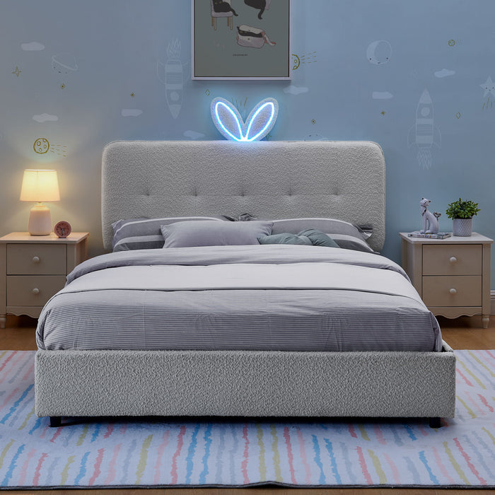 Upholstered Bed With Oversized Rabbit Ear Headboard, LED Lights & 4 Storage Drawers