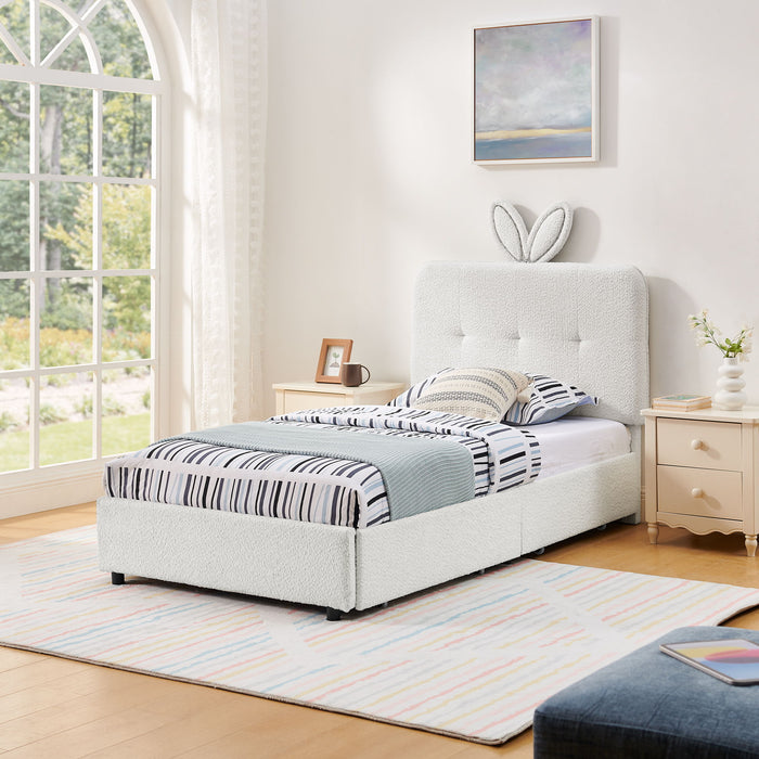 Upholstered Bed With Oversized Rabbit Ear Headboard, LED Lights & 4 Storage Drawers