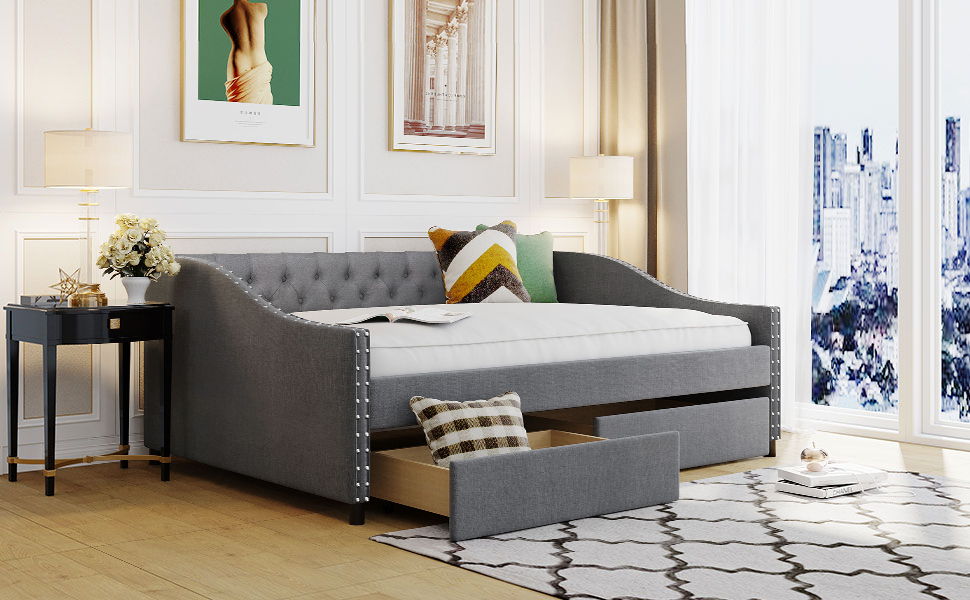 Upholstered Daybed With Two Drawers, Wood Slat Support