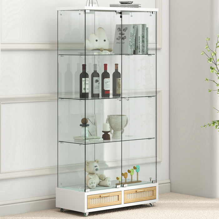 Glass Display Cabinet With LED Lights, Tempered Glass Doors, Large Drawers, 2 Door Storage Case With 4 Shelves - Natural / White