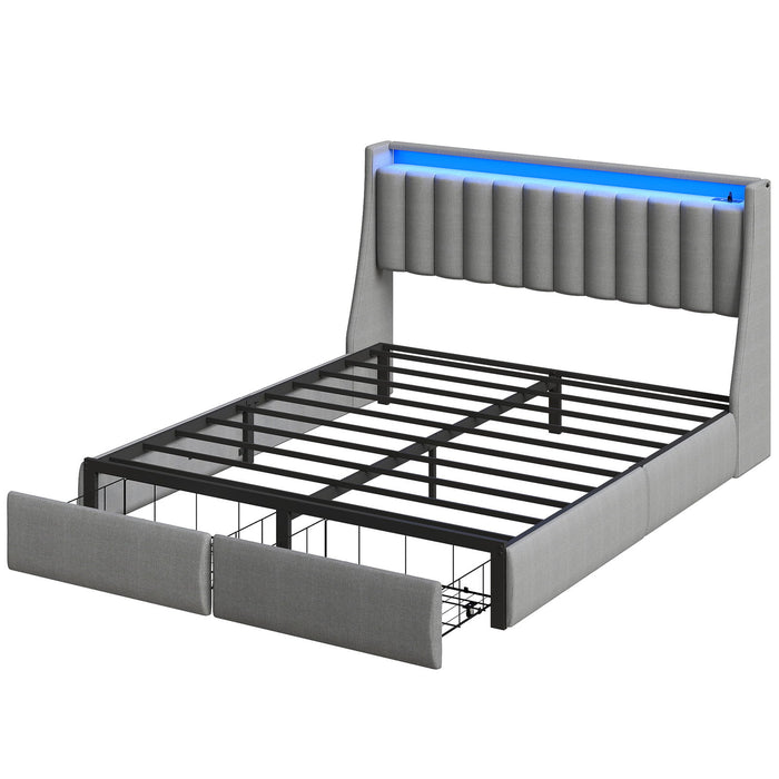 Upholstered Platform Bed Frame With RGB LED Lights, Charging Station & 2 Underbed Drawers