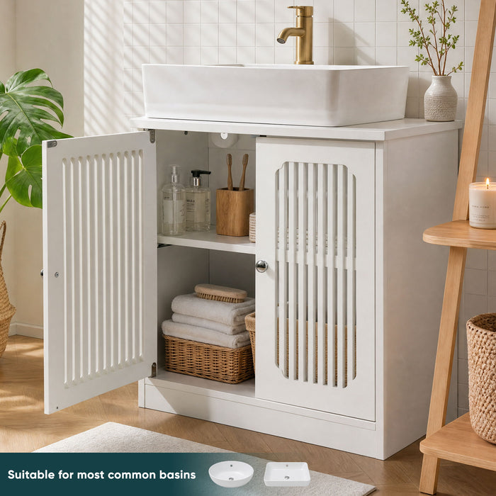 Louvered Double Door Floor Standing Bathroom Vanity Cabinet With Adjustable Shelf - White