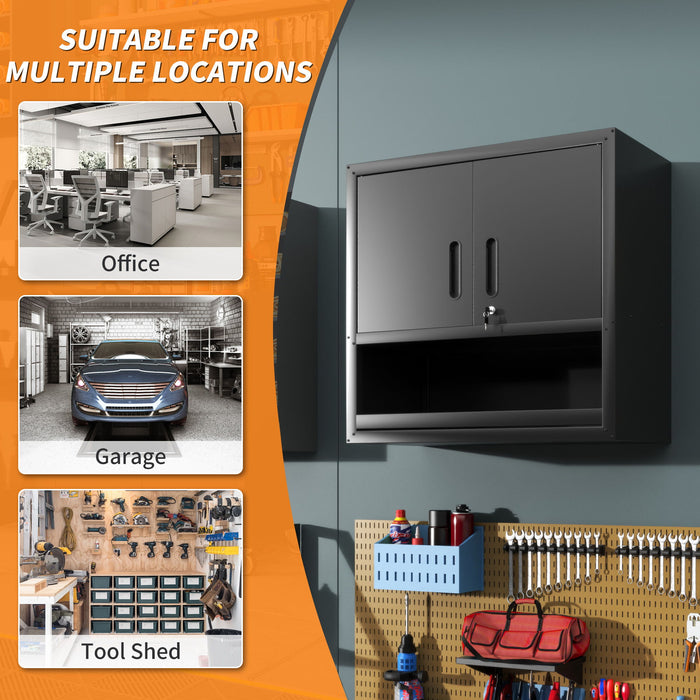 Wall-Mounted Storage Cabinet With Locking Door, 1 Shelf And Open Drawer - Black