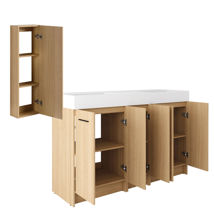 Double Sink Bathroom Vanity Set With Tall Linen Cabinet, Extra Large Storage, Integrated Sink, Freestanding Cabinet - Light Oak / White