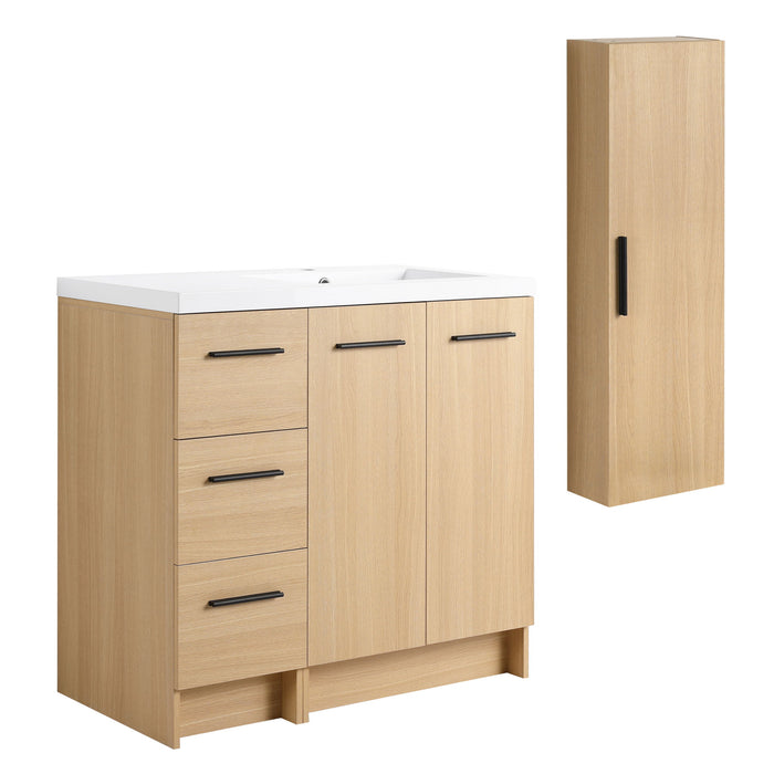 Freestanding Bathroom Vanity Set With Tall Linen Cabinet, 3 Drawers And Large Storage, Single Sink