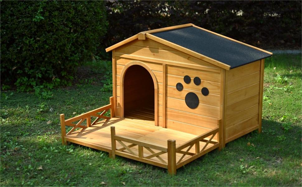 Wooden Dog House Outdoor With Porch, Dog Kennel With Water Resistant Asphalt Roof And Fencing, Indoor & Outdoor Dog Crate With Paw Print, Medium - Nature