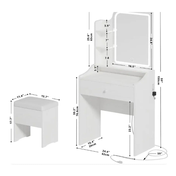 Smart LED Mirror Vanity Set With Storage For Bedrooms - Cream White