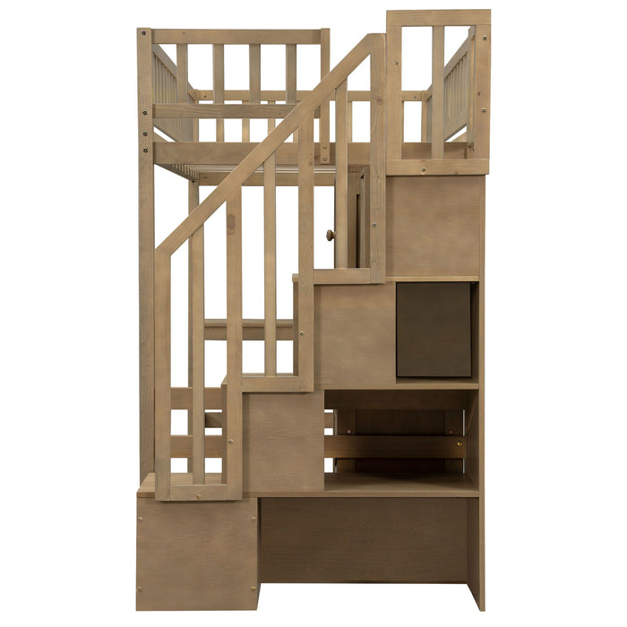 Loft Bed With Built In L Shaped Desk, LED Lights, Storage Shelves, Cabinets, And Staircase