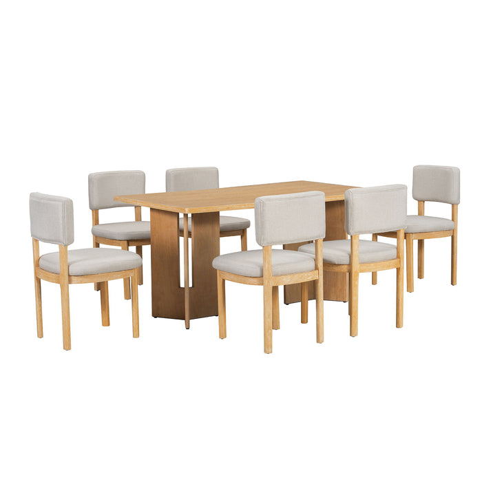 Dining Table Set With 6 Upholstered Chairs, Rectangular Table With Cutout Legs