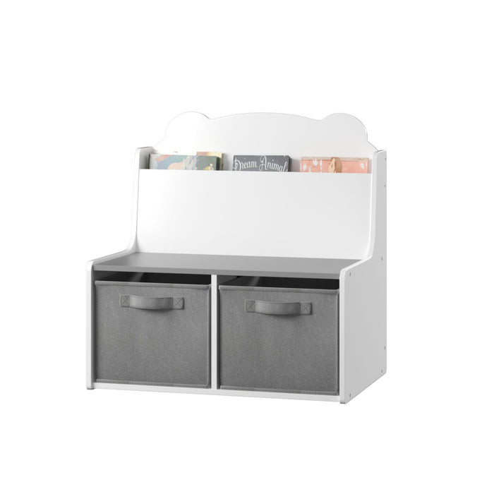 Bookshelf With Storage Bins, Bookcase With Book Display Shelf And 2 Bins, Cute Bear Shaped Backboard, Toy Organizer - White