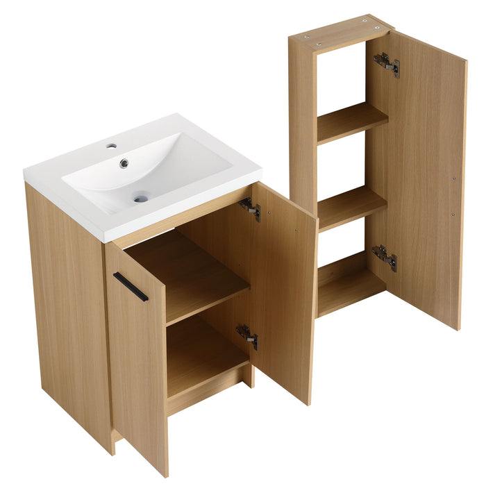 Freestanding Bathroom Vanity Set With Tall Linen Cabinet, Single Sink, Extra Storage, Soft Close Doors - Glossy White / Light Oak
