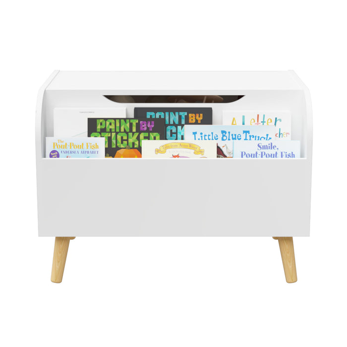Toy Box With Front Bookshelf, Flip Top Lid, Safety Hinge For Kids Room Organization - White