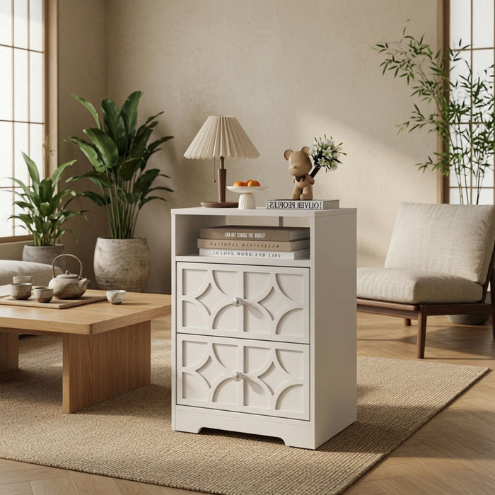 Nightstand With Diamond Carvings Handles, 2 Drawers & Charging Station
