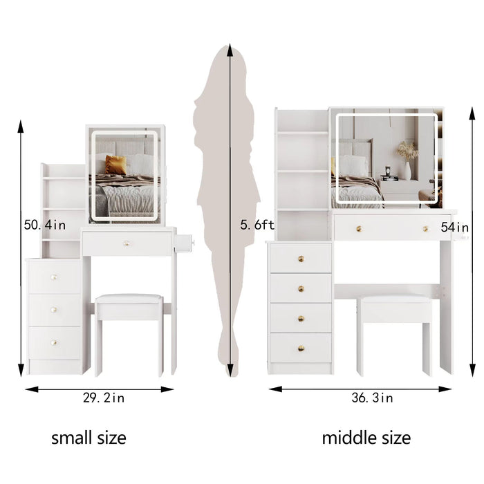 Cabinet Vanity Table & Cushioned Stool, USB Power Station, Hair Dryer Bracket - White