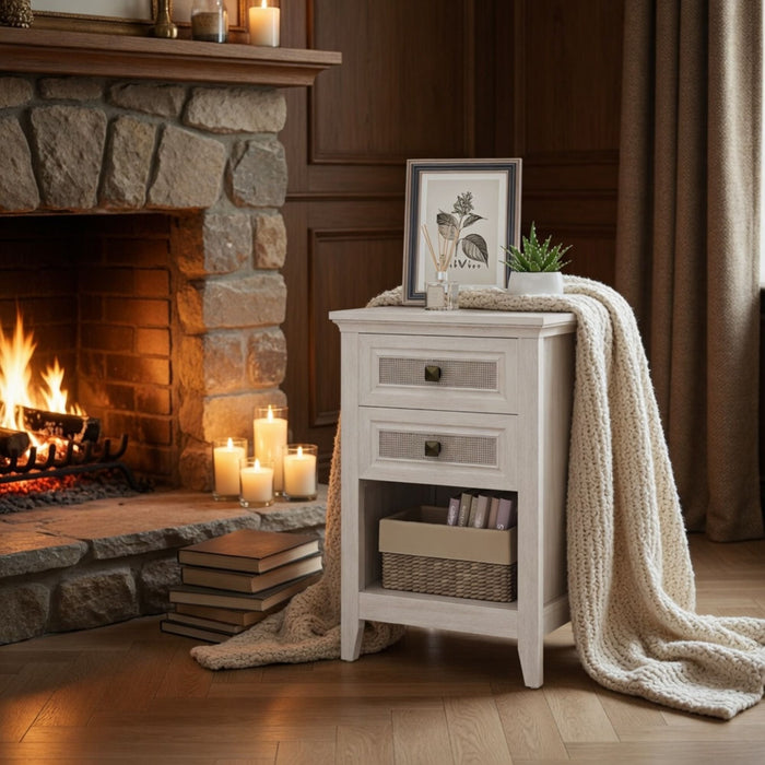 Nightstand With 2 Drawers & Shelf - White