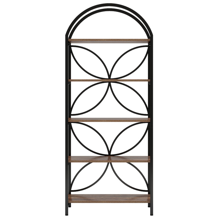 Tall 5 Tier Arched Bookshelf With Shelves For Living Room - Rustic Brown