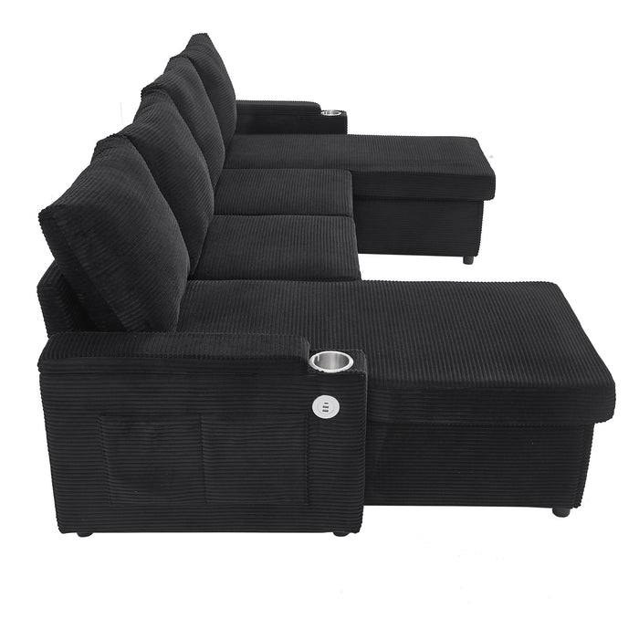 U Shaped Sectional Sofa Bed With Storage Chaise Lounges, USB Ports, And Cup Holders