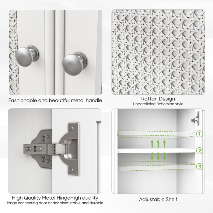 White 2 Door Rattan Storage Cabinet With Adjustable Partition, Medieval Modern Independent Buffet Cabinet, Multifunctional Decorative Cabinet Suitable For Living Room, Kitchen, Bathroom - White