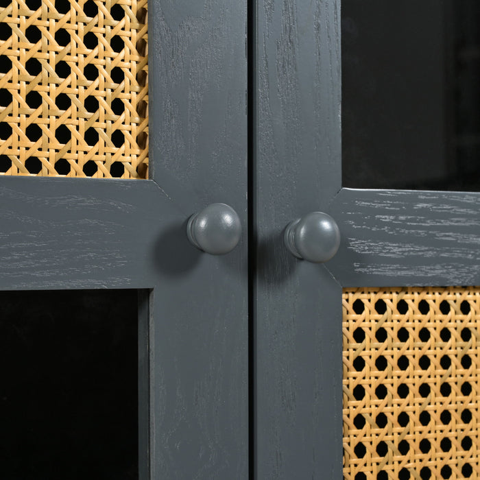 Retro Industrial 4 Door Sideboard With Large Storage, Rattan And Glass Doors