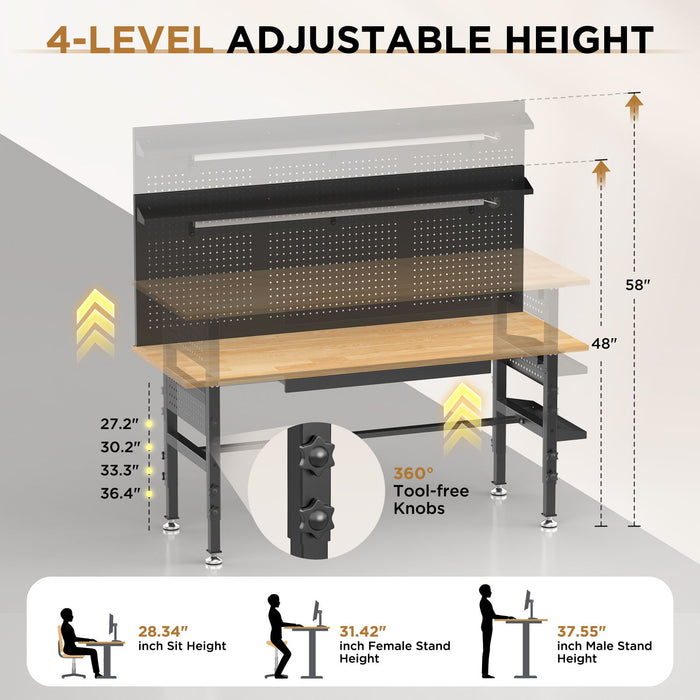 Adjustable Height Workbench, Includes Drawers, Power Outlet, LED Light, Wheels Or Leveling Feet - Black