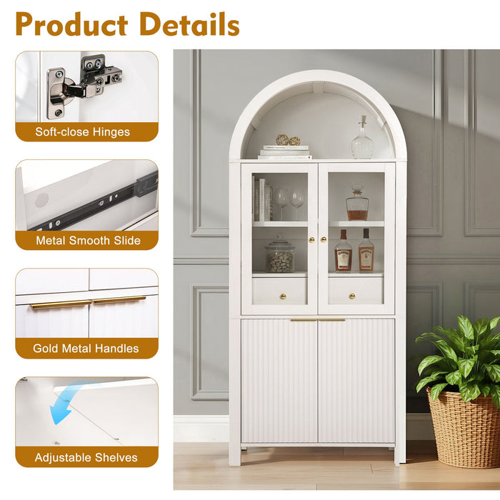 Fluted Tall Arched Pantry Cabinet With Adjustable Shelves, Glass Door & Hidden Drawer For Kitchen
