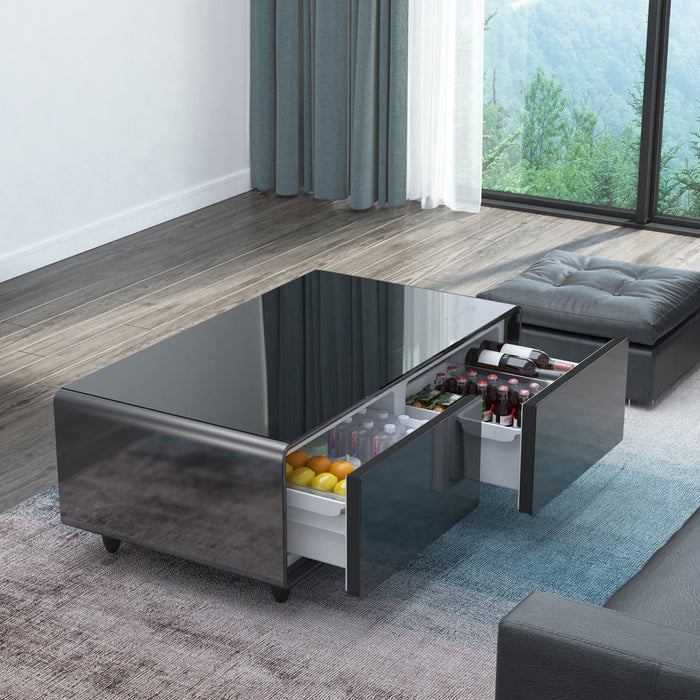 Modern Smart Coffee Table With Built-In Fridge, tooth Speaker, Wireless Charging Module, Touch Control Panel, Power Socket, USB Interface, Outlet Protection, Atmosphere Light