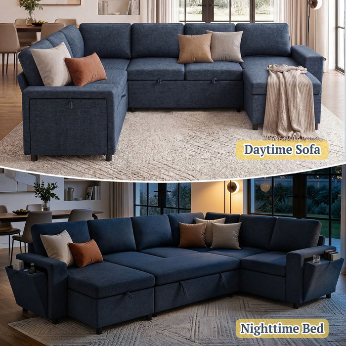 U - Shaped Convertible Sectional Sofa Bed With Storage, USB Charger & Cup Holders