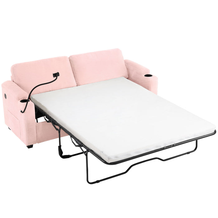 Sleeper Sofa Loveseat Sofa With Full Size Mattress, 2 USB Ports, 2 Cup Holders, 2 Side Pockets And Phone Holder