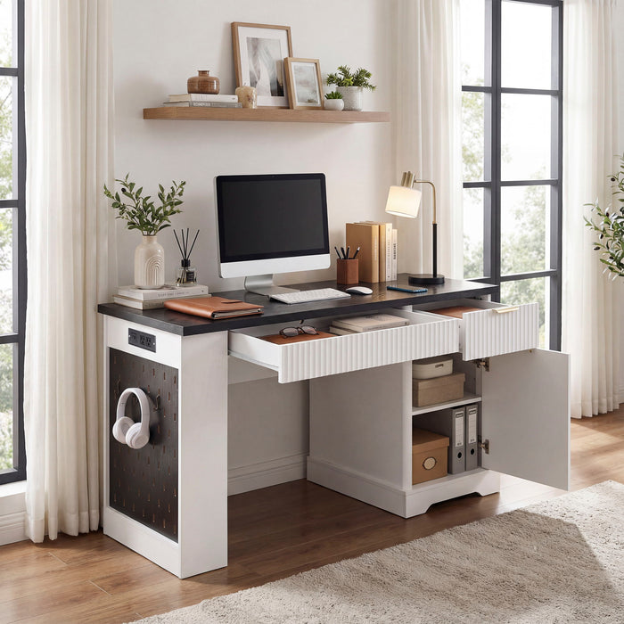 Modern Fluted Office Desk With Storage Cabinet