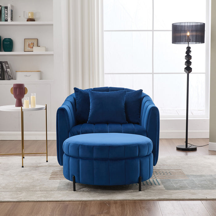 Oversized Velvet Swivel Barrel Accent Chair And Ottoman Set With Storage