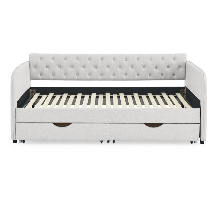 Daybed With Trundle And Storage Drawers, Flat Arms With Pocket
