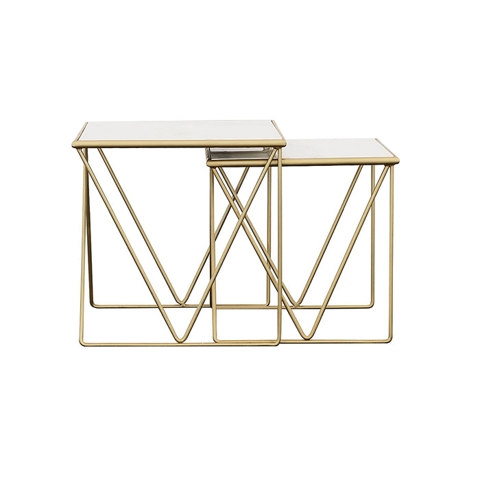 Sinclair - 2 Piece Nesting Table Set With Iron And Luxurious Marble Surface - White / Gold